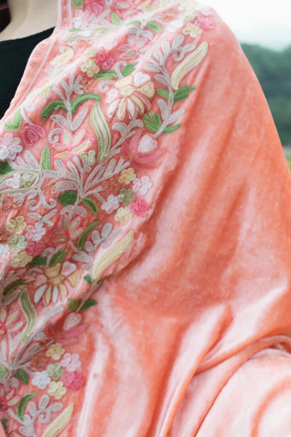 #Peach Gloss Velvet Ombre Cape with Aari Work: Peach and Fawn Close up