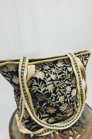 Black Velvet Zari Embroidered Tote Bag close up