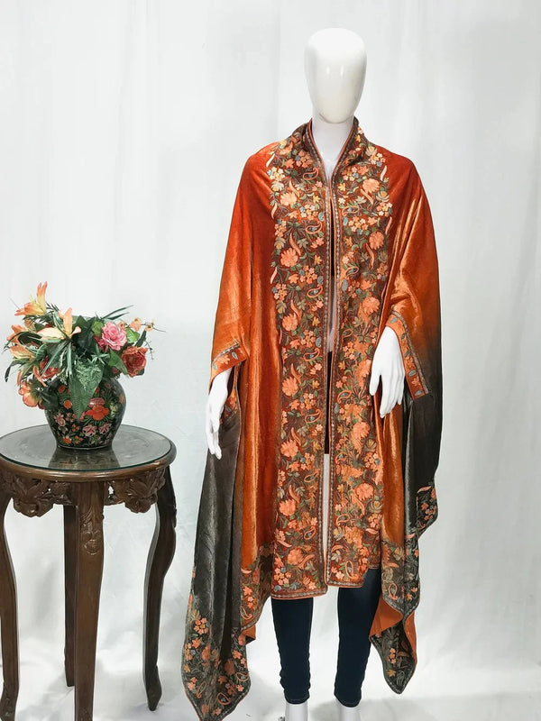 #Orange Gloss Velvet Ombre Cape with Aari Work Front