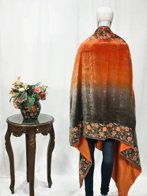 #Orange Gloss Velvet Ombre Cape with Aari Work: Dark Orange and Grey Back