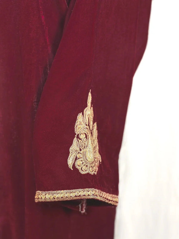Maroon Velvet Phiran with Tilla Embroidery