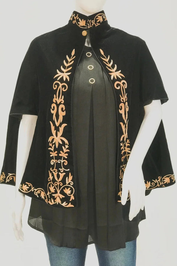 Black Velvet Cape Poncho with Floral Embroidery Front