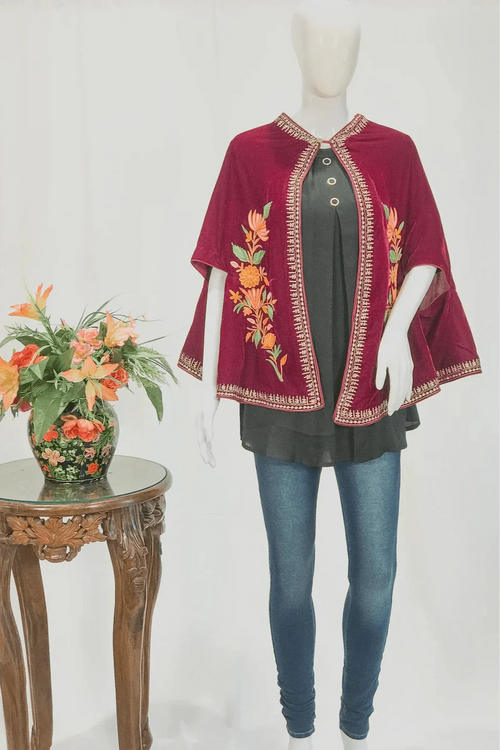 Maroon Velvet Cape Poncho with Floral Embroidery