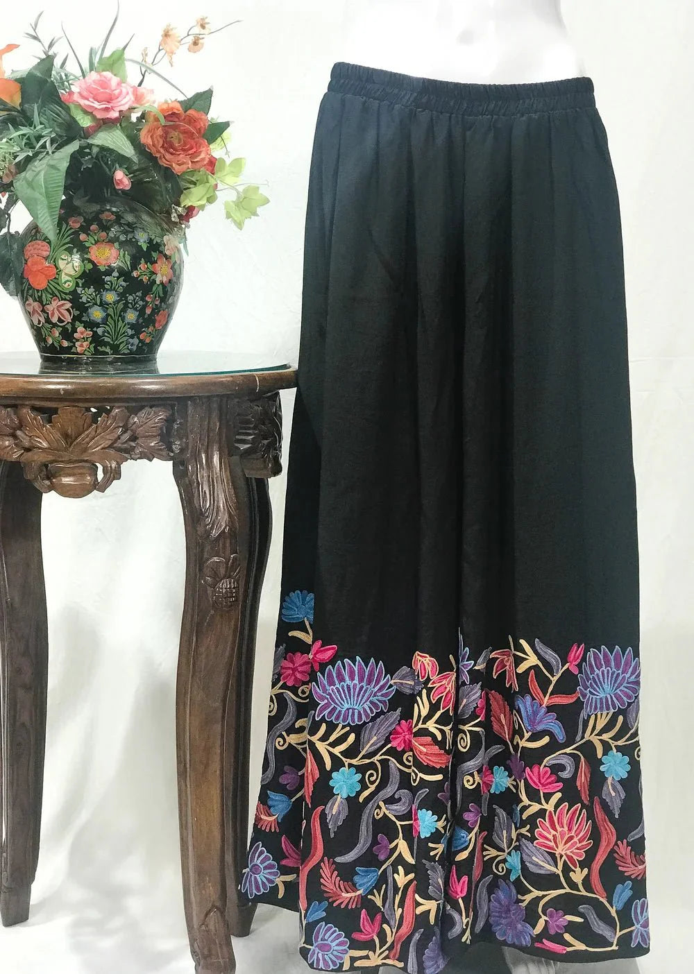 Black Women Sharara Pants with Kashmiri Aari Embroidery