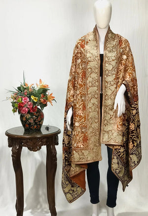 #Brown Gloss Velvet Ombre Cape with Aari and Tilla Work: Light Brown and Brown