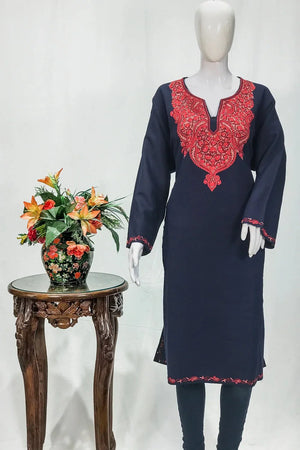 Navy Blue Woolen Phiran with Multi-Colour Aari Work