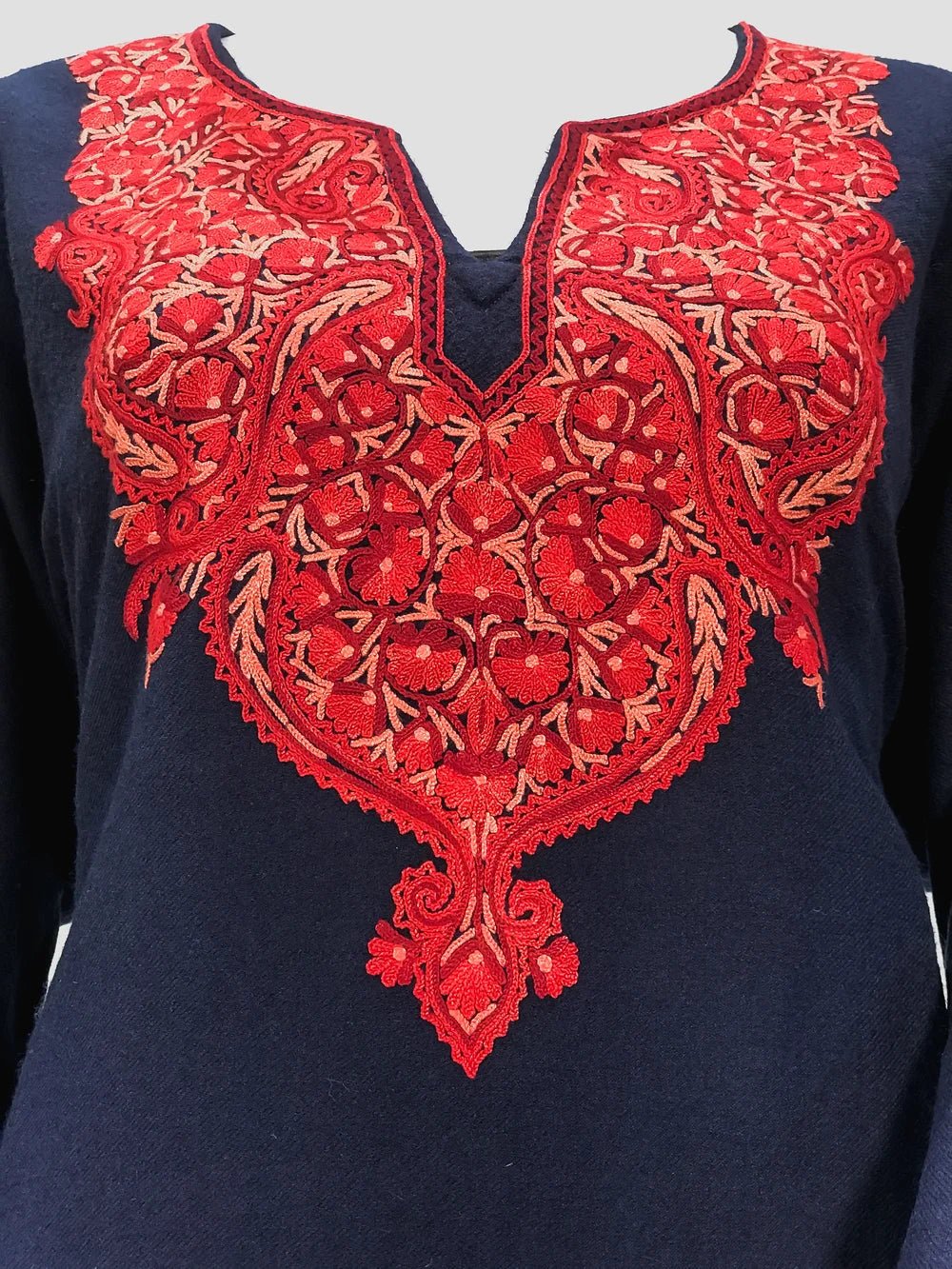 Navy Blue Woolen Phiran with Multi-Colour Aari Work