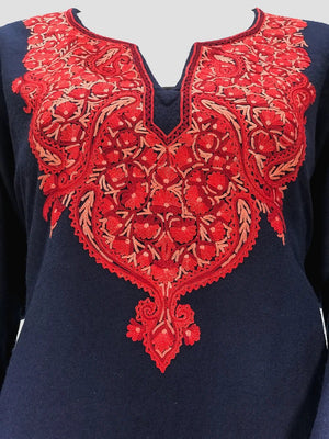 Navy Blue Woolen Phiran with Multi-Colour Aari Work Front