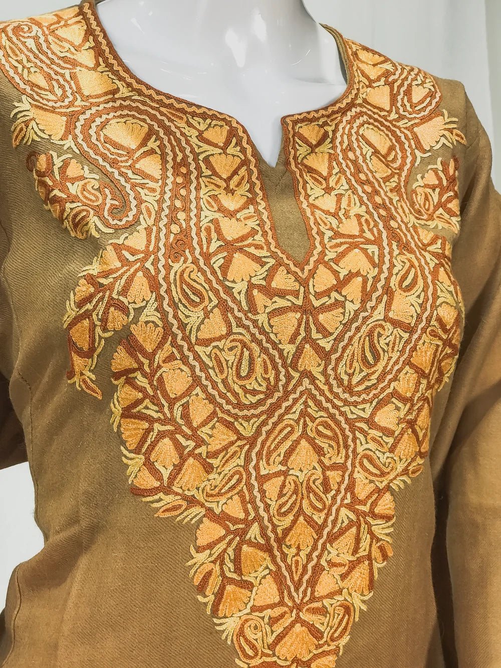 Beige Woollen Phiran with Multi-Colour Aari Work