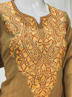 Beige Woollen Phiran with Multi-Colour Aari Work Front