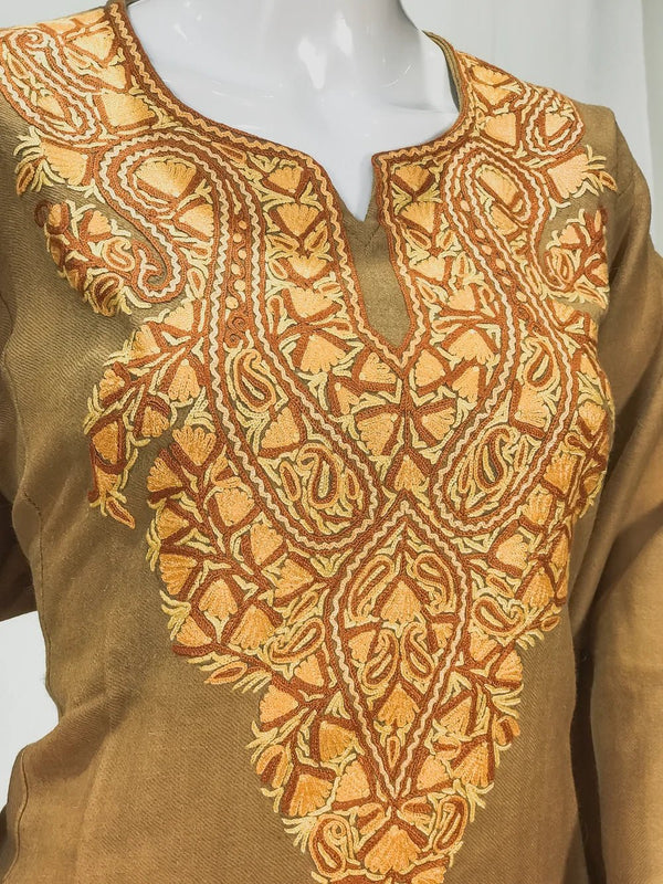 Beige Woollen Phiran with Multi-Colour Aari Work Front