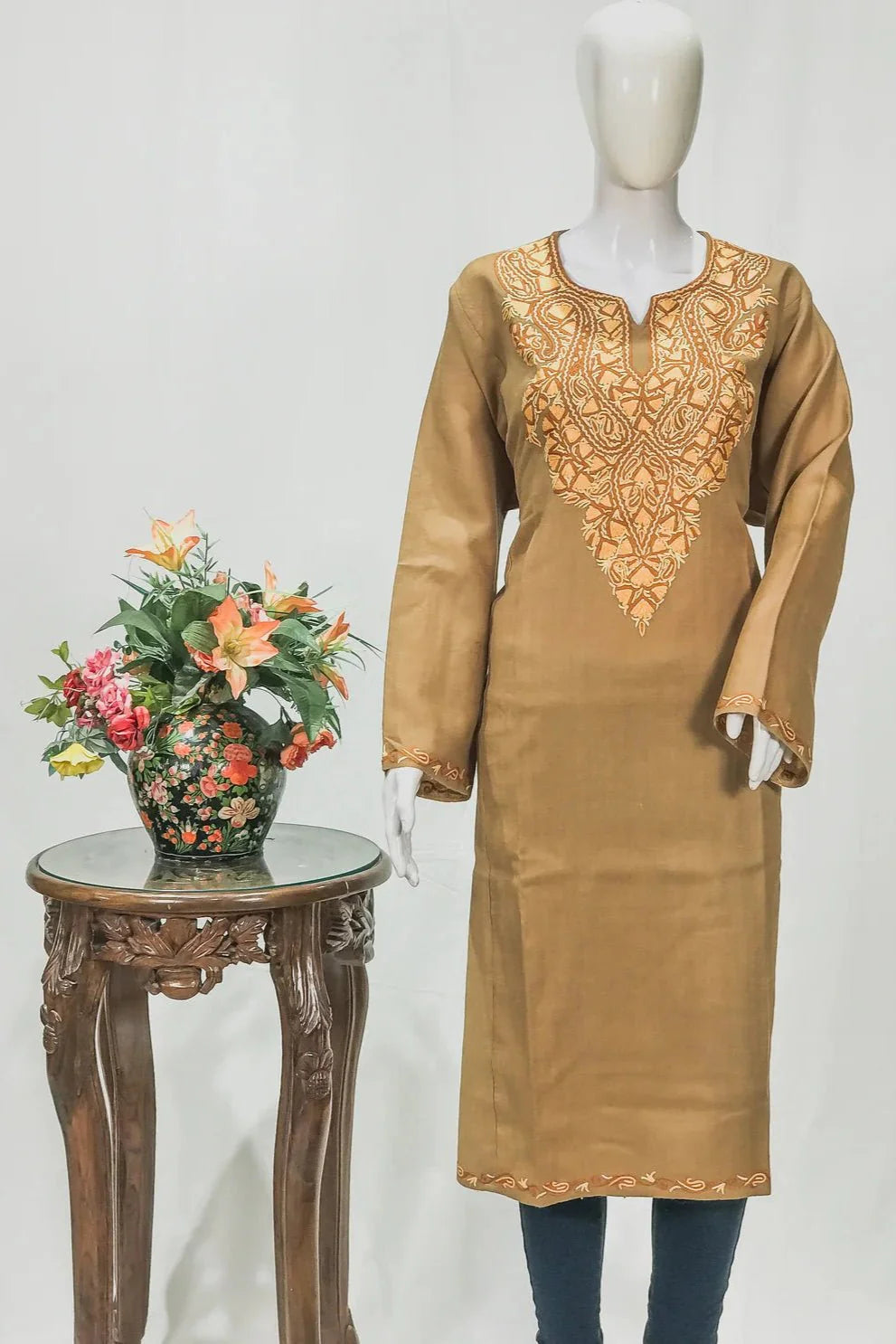 Beige Woollen Phiran with Multi-Colour Aari Work