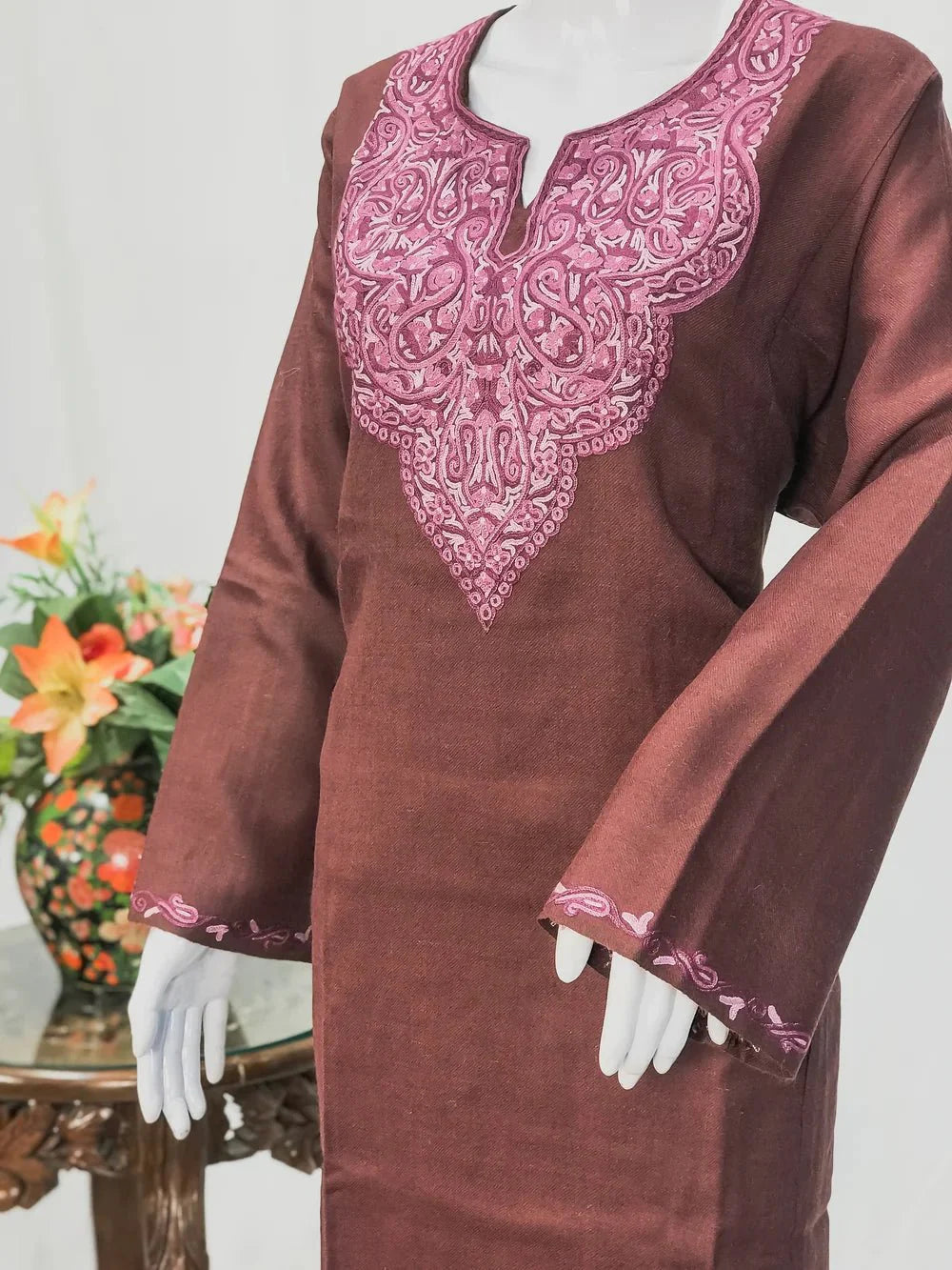 Brown Fawn Woollen Phiran with Multi-Colour Aari Work and Zari Detailing