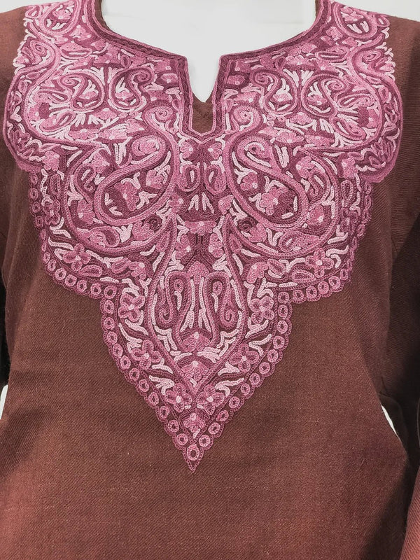 Brown Fawn Woollen Phiran with Multi-Colour Aari Work and Zari Detailing Front