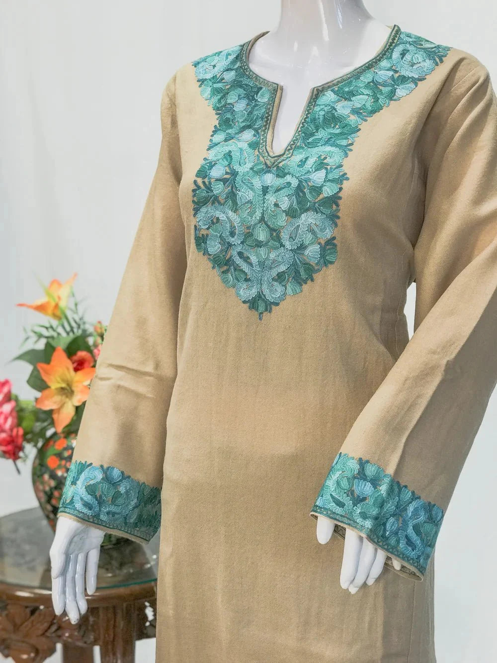 Light Beige Woollen Phiran with Multi-Colour Aari Work