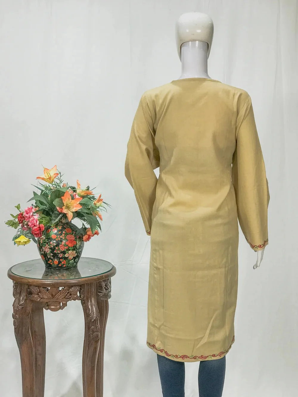 Cream Woollen Phiran with Multi-Colour Aari Work