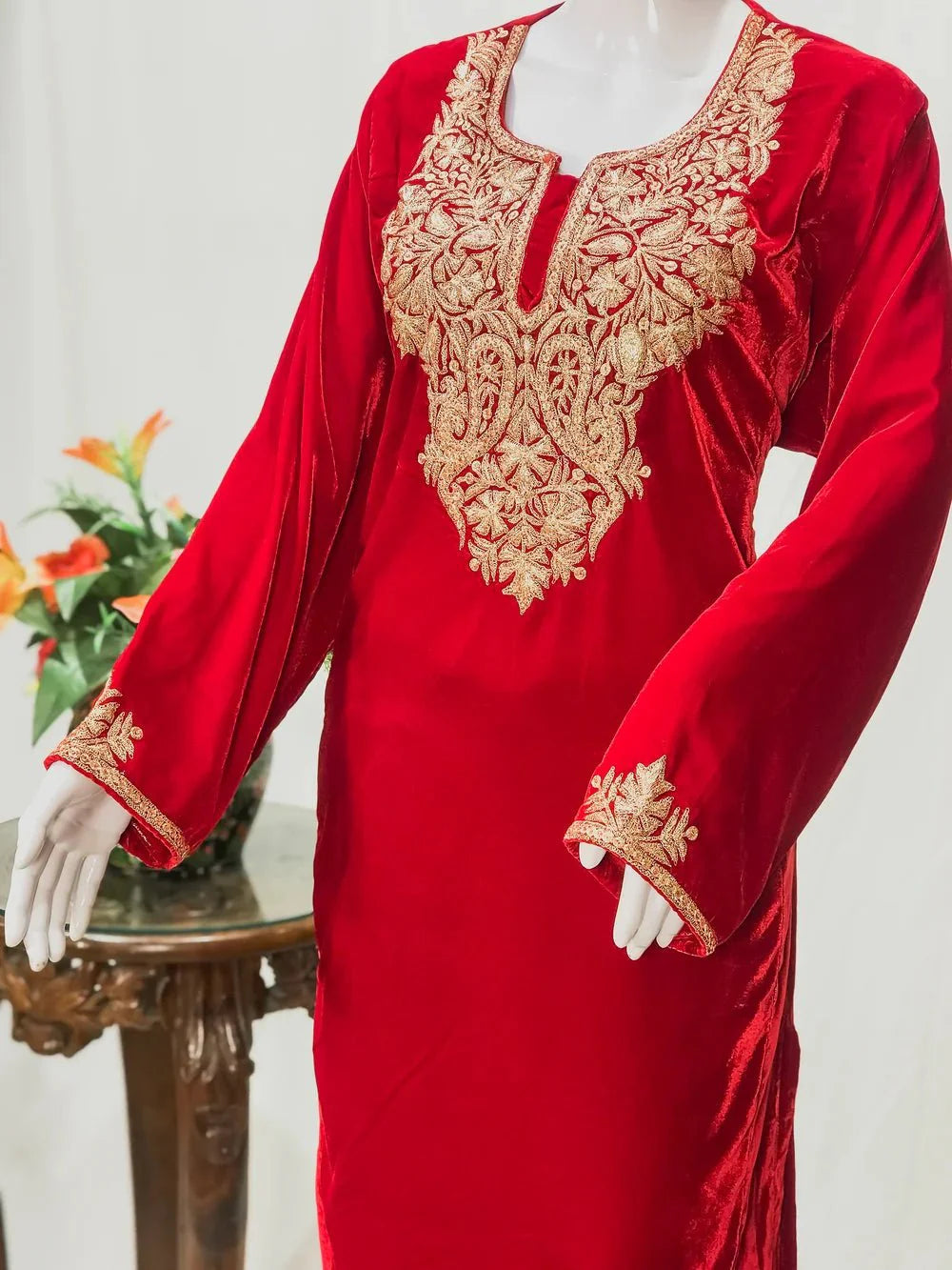 Red Velvet Phiran with Golden Zari Work
