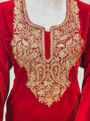 Red Velvet Phiran with Golden Zari Work Front