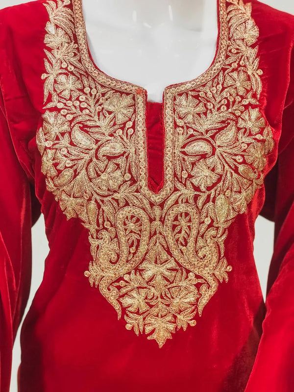 Red Velvet Phiran with Golden Zari Work Front