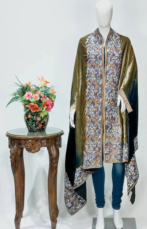 #OliveGreen Gloss Velvet Ombre Cape with Aari Work: Black and Olive Green
