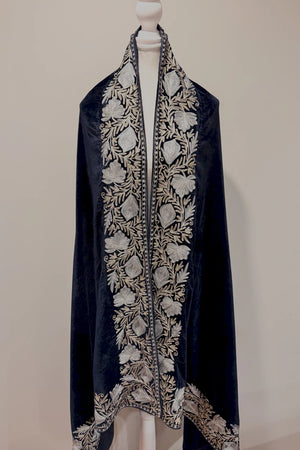 #NavyBlue embroidered scarf on a mannequin against a plain background