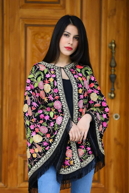 Black Georgette Round Cape Poncho