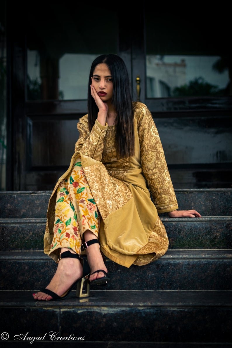 Beige Women Trouser with All Over Floral Embroidery