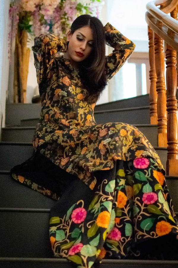 Ash Black Women Sharara with Rich Floral Embroidery