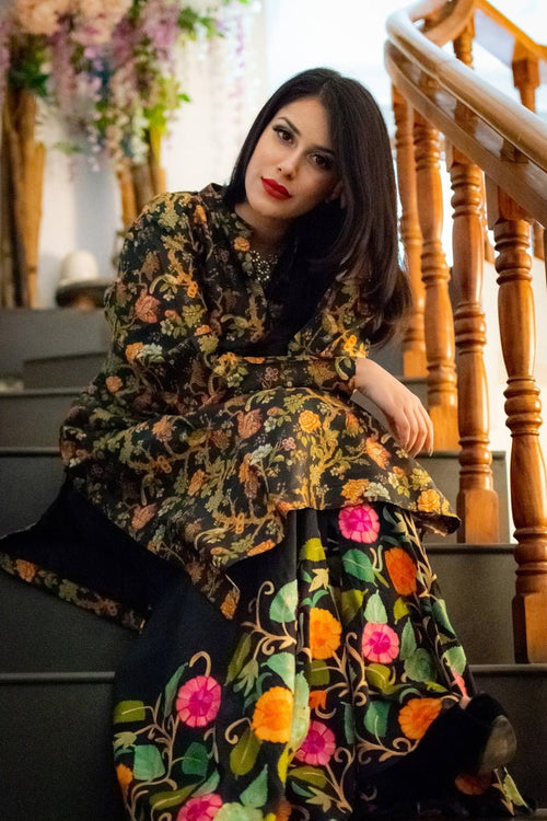 Ash Black Women Sharara with Rich Floral Embroidery close up