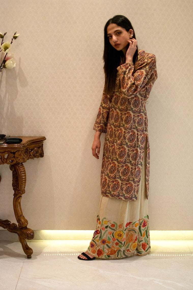 Beige Women Sharara with Rich Floral Embroidery, Embroidered Shararas