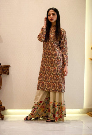 Beige Women Sharara with Rich Floral Embroidery, Embroidered Shararas 2nd view