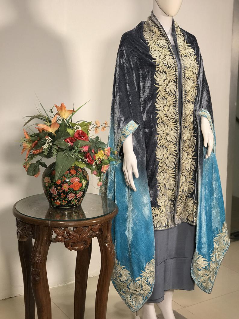 Silk Velvet Ombre Cape with Tilla Embroidery: Grey and Turquoise