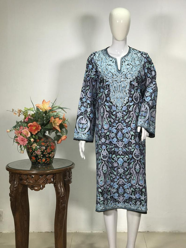Black Pure Wool Kashmiri Phiran with Jaal Paisley Embroidery 2