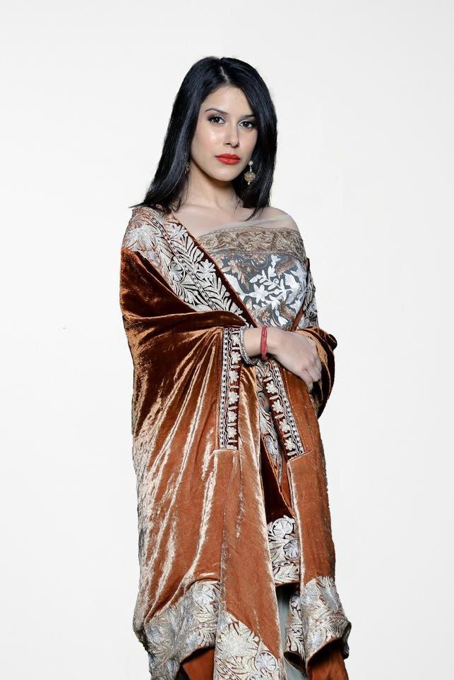 Silk Velvet Brown Ombre Cape with Kashmiri Tilla Work
