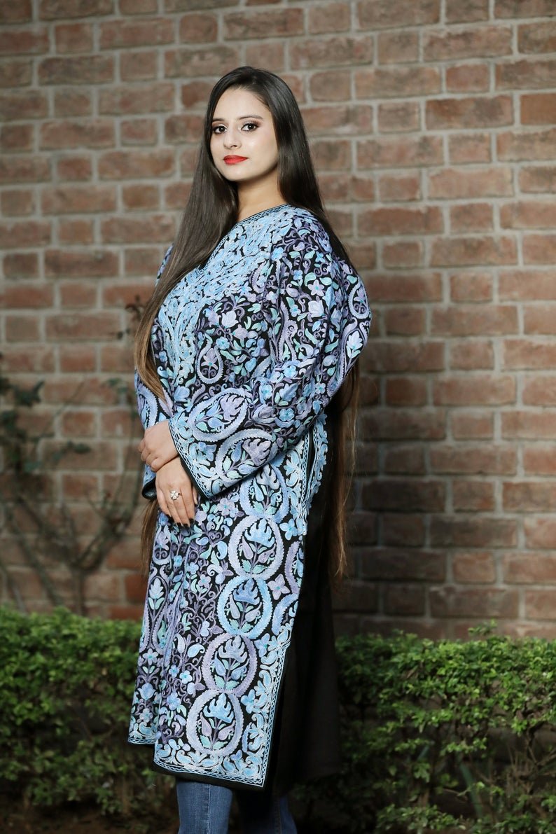 Black Pure Wool Kashmiri Phiran with Jaal Paisley Embroidery