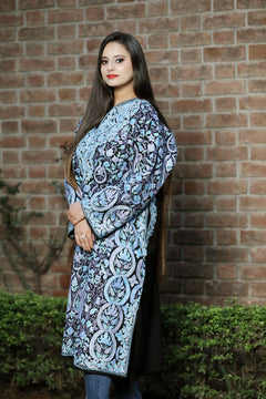 Black Pure Wool Kashmiri Phiran with Jaal Paisley Embroidery