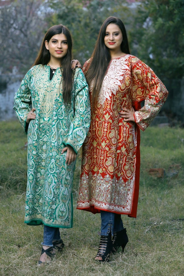 Red Pure Wool Kashmiri Pheran with Jaal Paisley Embroidery front