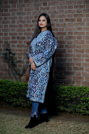 Black Pure Wool Kashmiri Phiran with Jaal Paisley Embroidery side