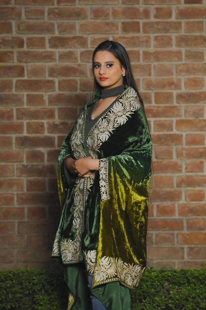 Silk Velvet Ombre Cape with Tilla Work: Lemon Ginger and Bottle Green