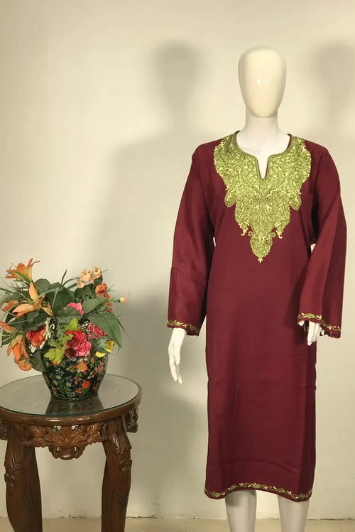 Maroon Woollen Phiran with Aari Embroidery